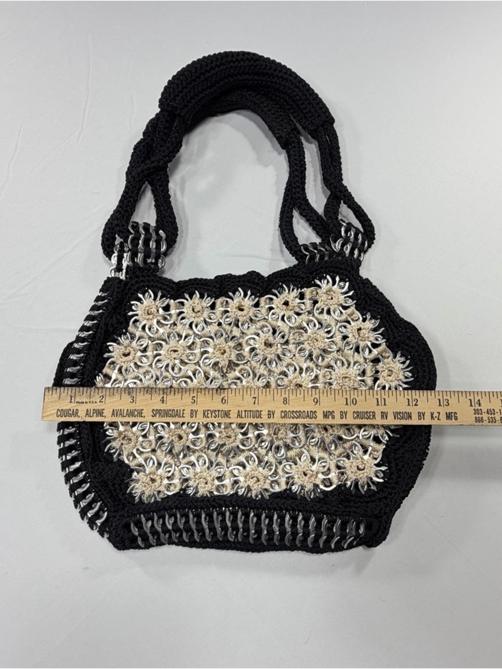 Upcycled Pop Soda Tab Crochet Shoulder Bag Black Cream Handmade Boho Festival - Picture 5 of 10